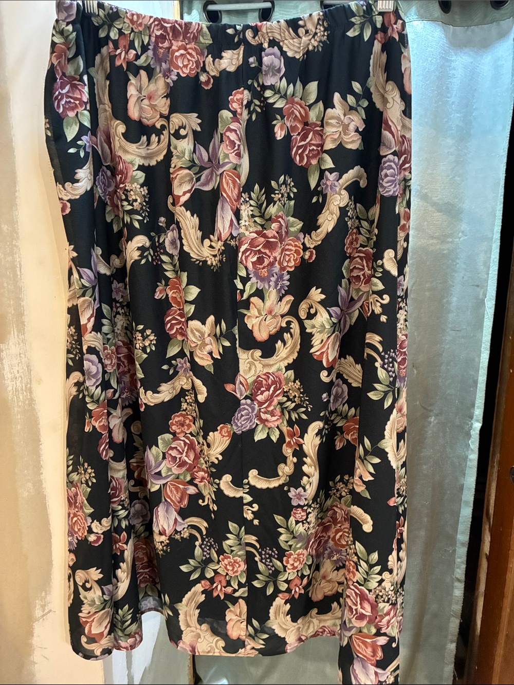 Black Floral Midi Skirt with Rose and Lavender Blooms